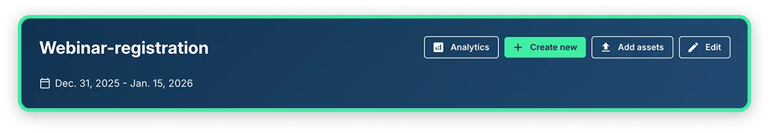 Campaign detail header with analytics, create new, and add assets buttons