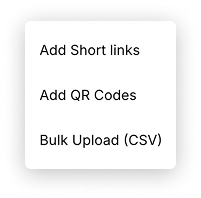 Add assets dropdown menu showing Add Short links, Add QR Codes, and Bulk Upload options