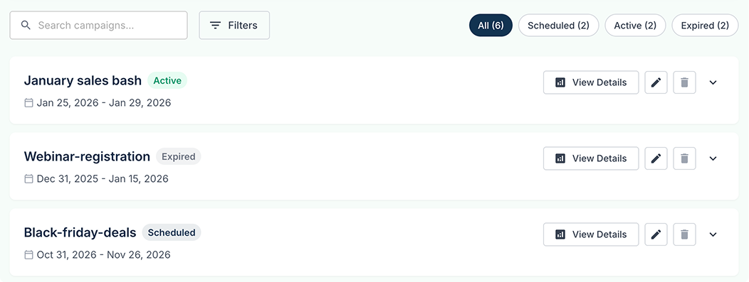 Campaign list showing active, expired, and scheduled campaigns with status badges