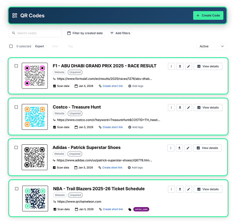QR Code Management Dashboard showing list view