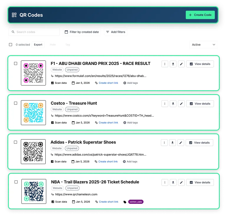 QR Code Management Dashboard showing list view
