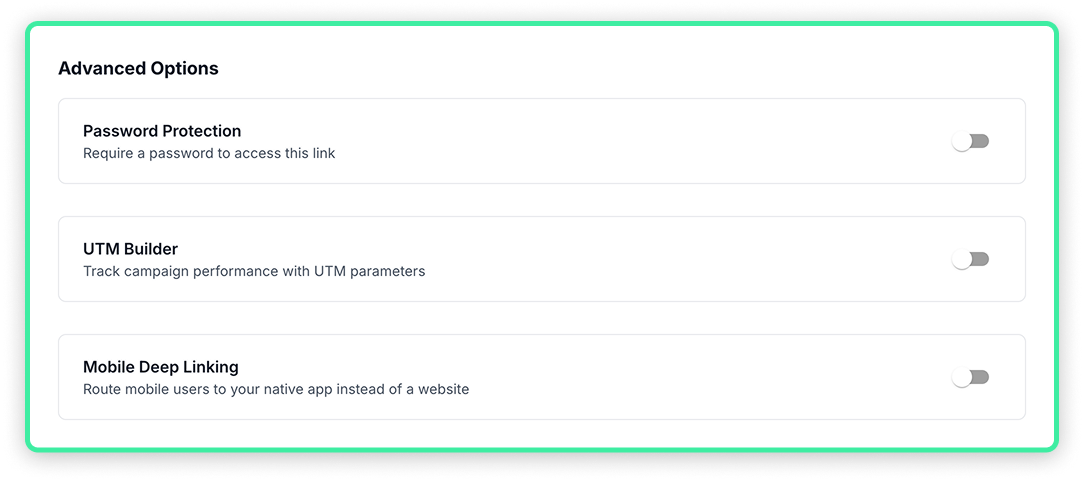 Advanced link options showing password protection, UTM builder, and mobile deep linking toggles