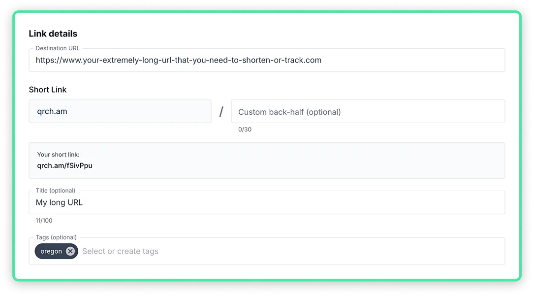 Link creation interface showing destination URL, custom back-half, short link preview, and title fields