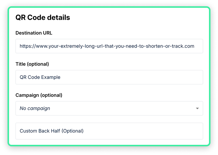 QR Code creation form with destination URL, title, campaign, and custom back-half fields