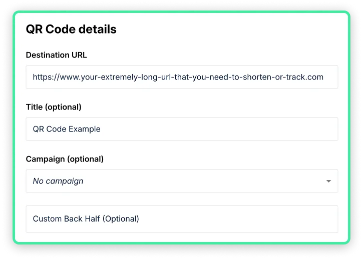 QR Code creation form with destination URL, title, campaign, and custom back-half fields
