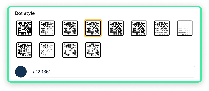 Dot style picker showing square, rounded, and diamond QR code patterns