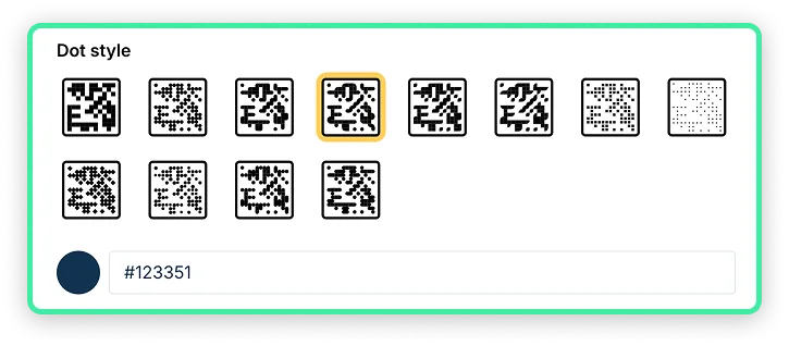 Dot style picker showing square, rounded, and diamond QR code patterns
