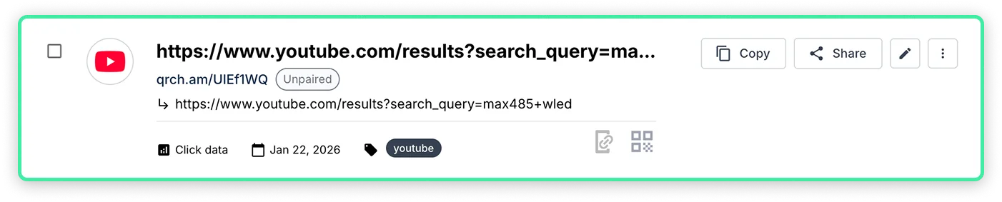 Example short link showing YouTube URL with copy, share, and edit options