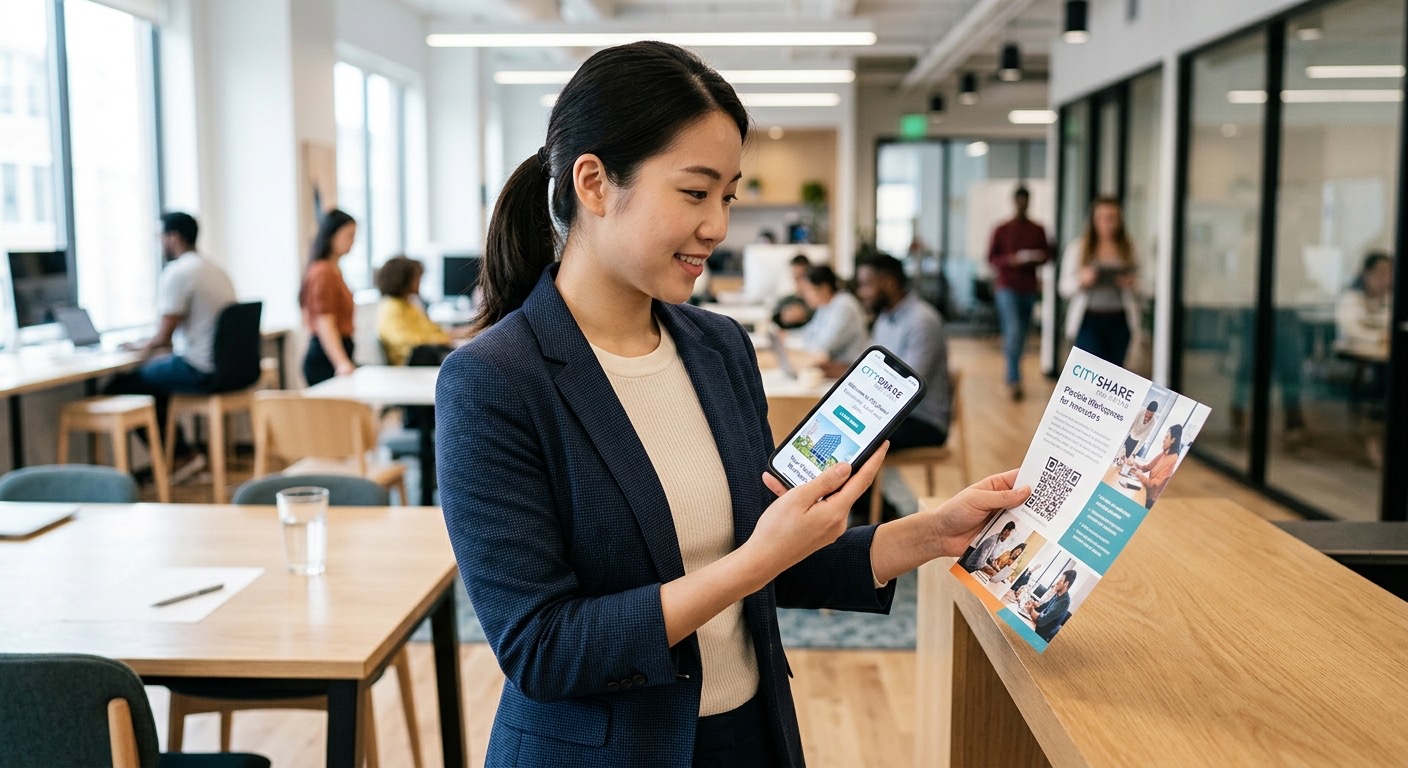 A person scanning a QR code on a printed marketing flyer with their phone, opening the linked landing page on screen
