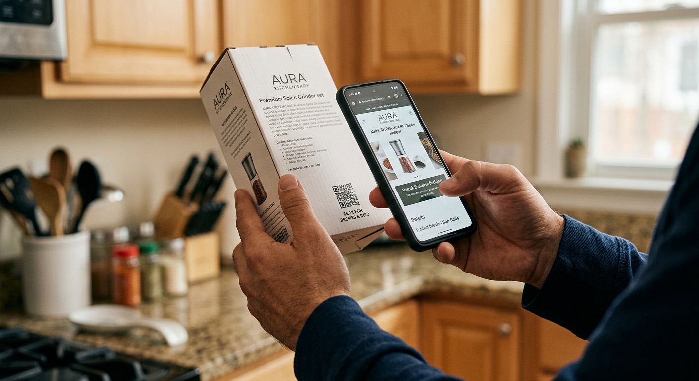 A person scanning a QR code printed on the back of a product box with their phone, opening the linked product page