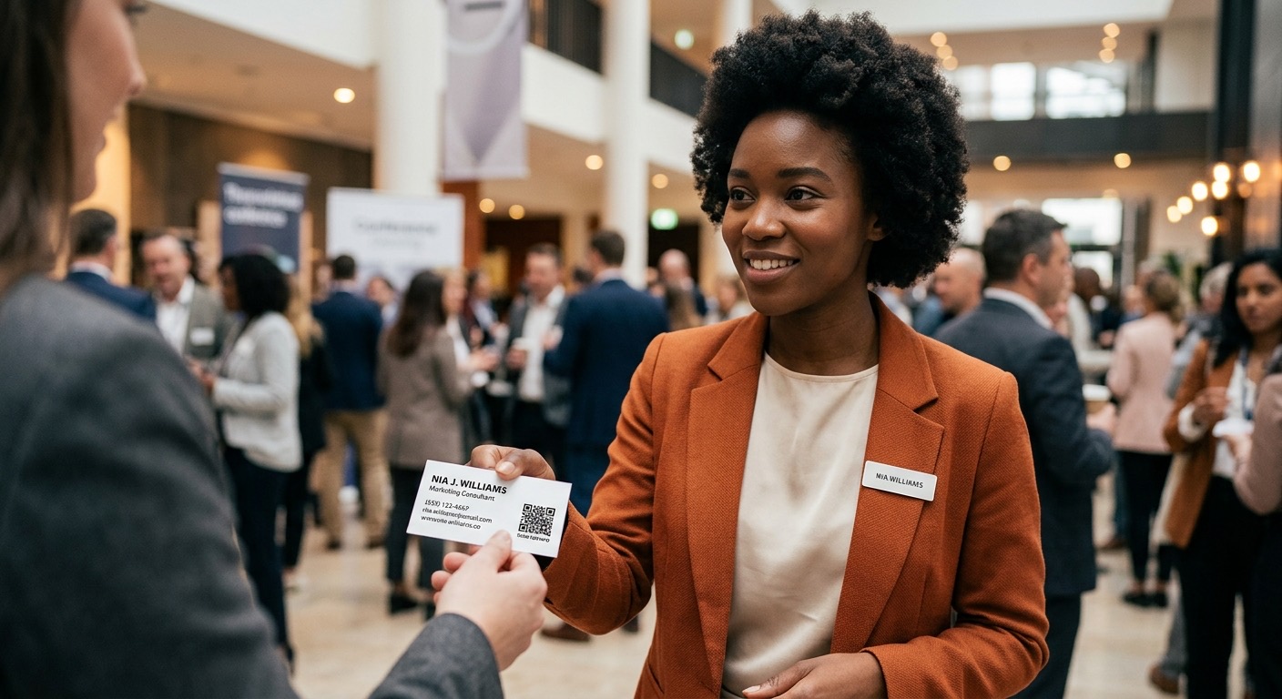 A professional handing a printed business card with a QR code in the corner to another person at a networking event