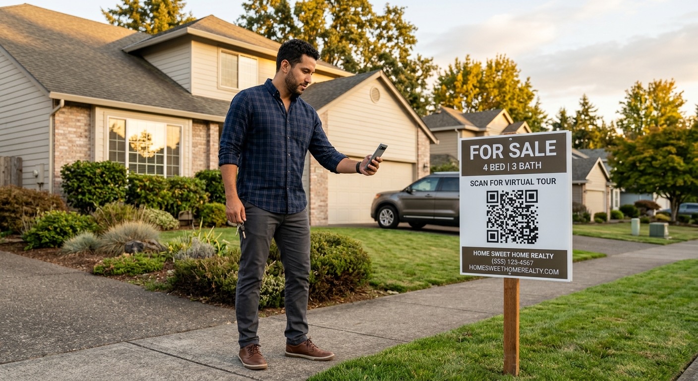 A person scanning a vCard QR code on a real estate yard sign with their phone camera in front of a suburban home