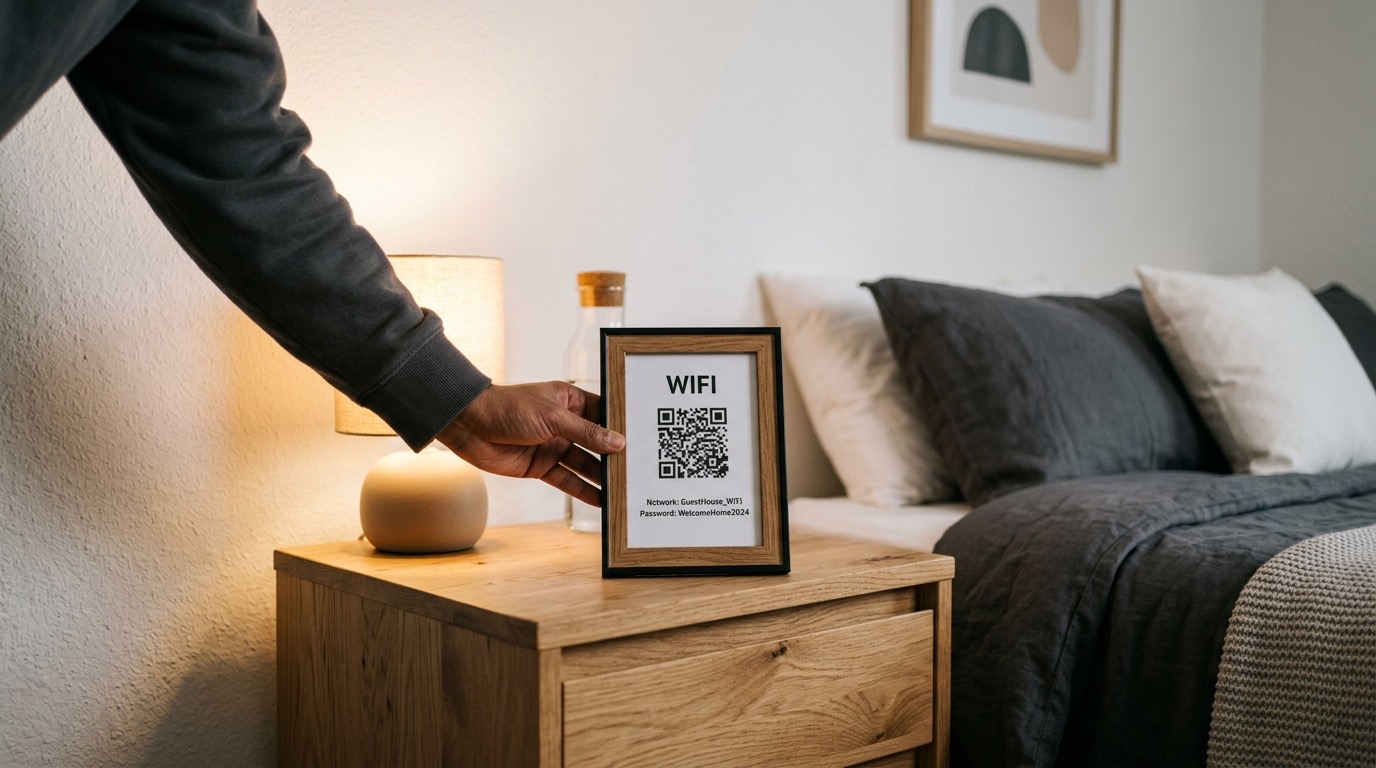 A framed WiFi QR code sign placed on the nightstand of a guest bedroom, with network name and password printed below the code