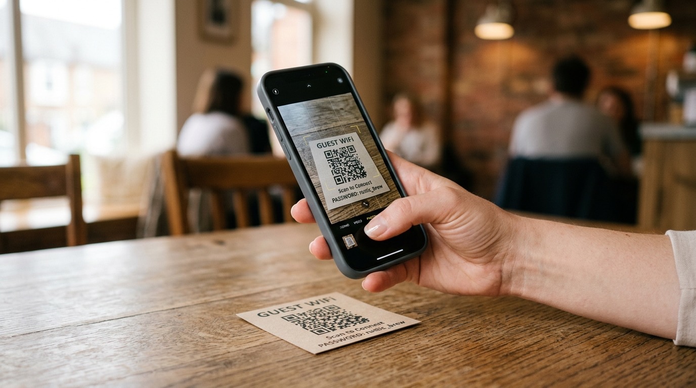 A customer scanning a printed WiFi QR code card on a café table with their phone camera