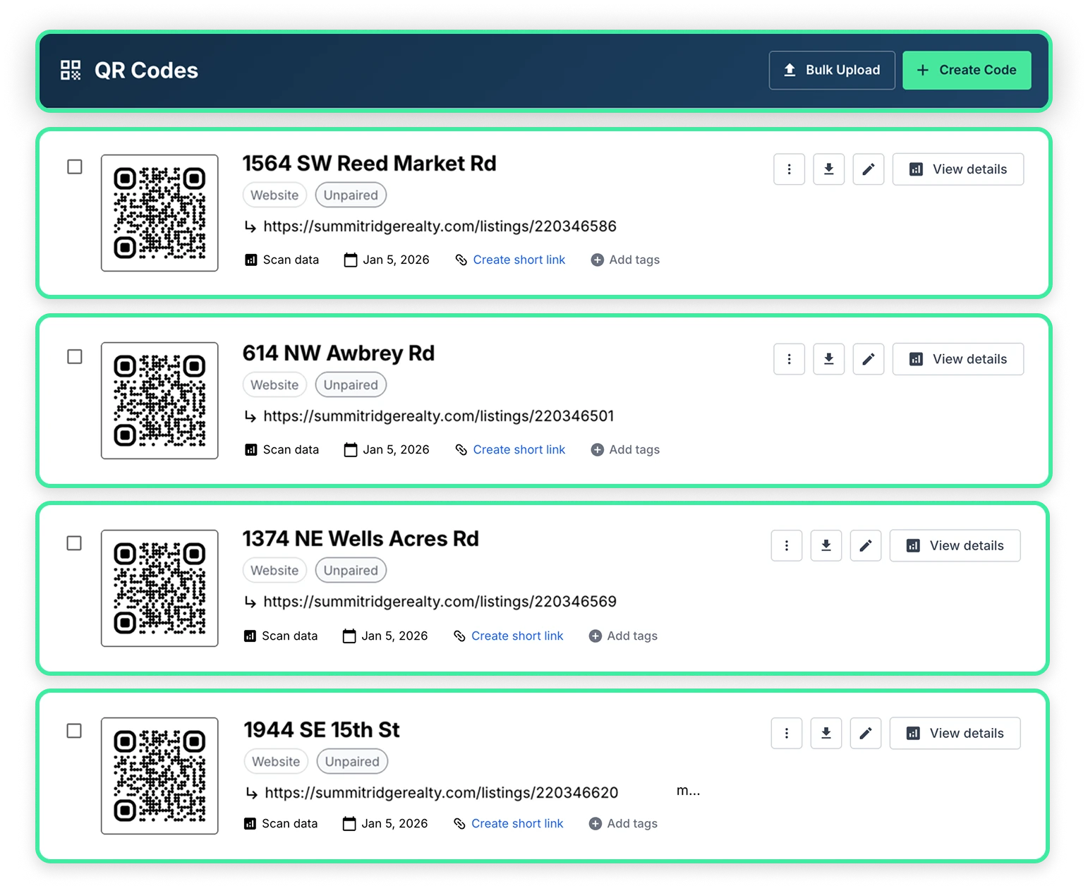 QR Chameleon dashboard showing QR codes generated for each property listing