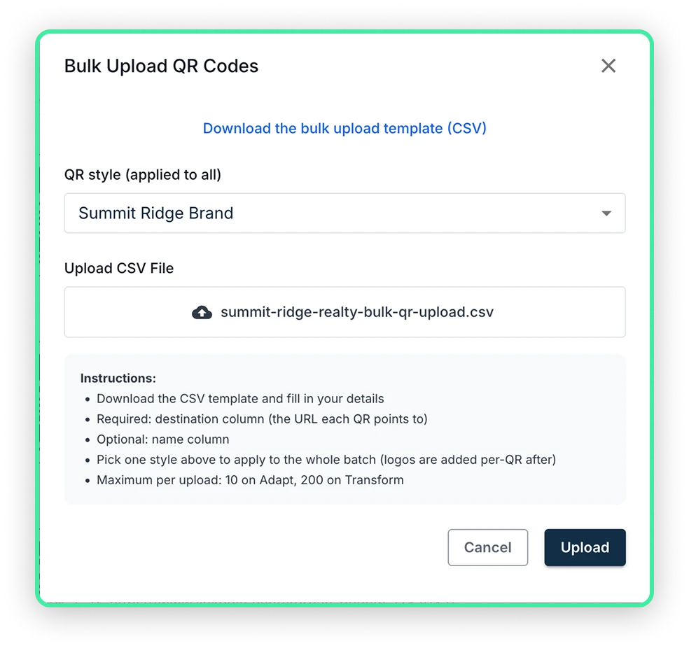 Bulk Upload QR Codes dialog with a CSV file selected and a saved brand style