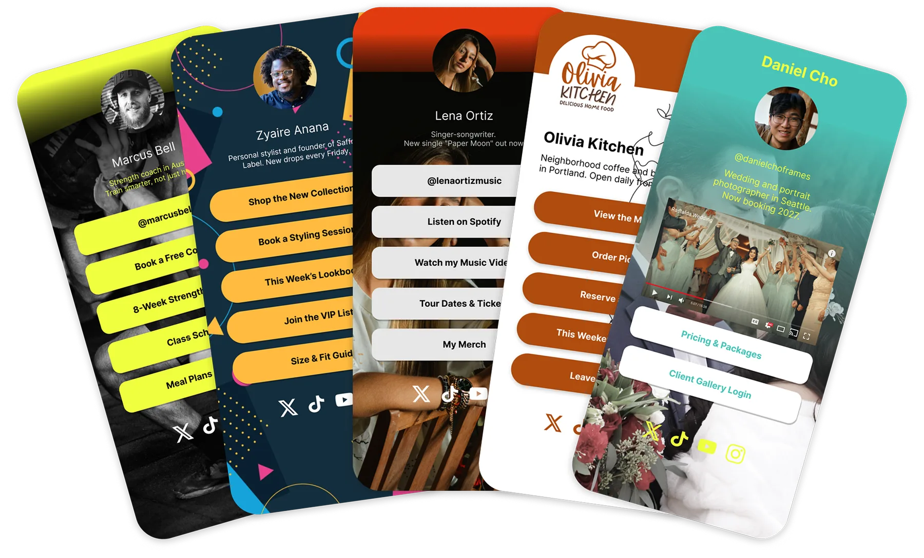 Five QR Chameleon link-in-bio templates fanned out: ready-made mobile pages for a fitness coach, personal stylist, musician, cafe, and photographer, each with a profile photo, bio, link buttons, and social icons