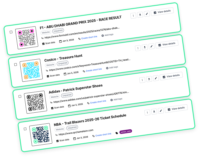 QR Chameleon dashboard showing organized QR codes