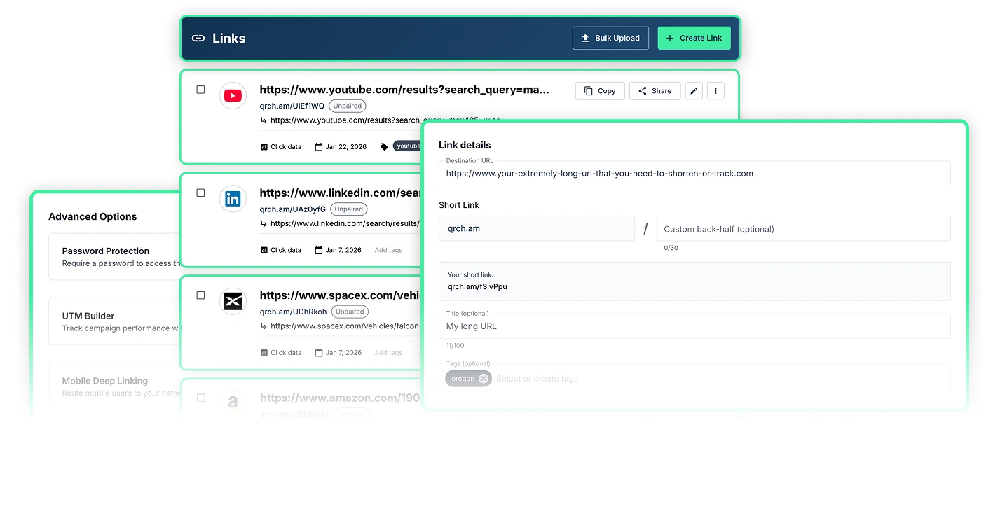 QR Chameleon URL shortener dashboard showing a list of shortened qrch.am links with click counts, a link creation panel, and advanced options for password protection, UTM tags, and deep linking