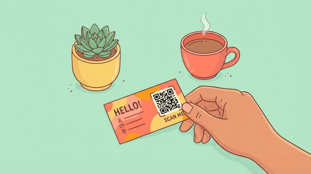 Person holding business card with qr code