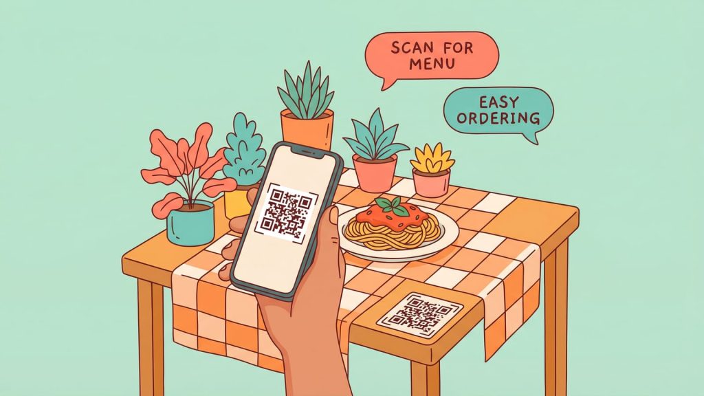 Restaurant guest scanning QR code to pay bill at table