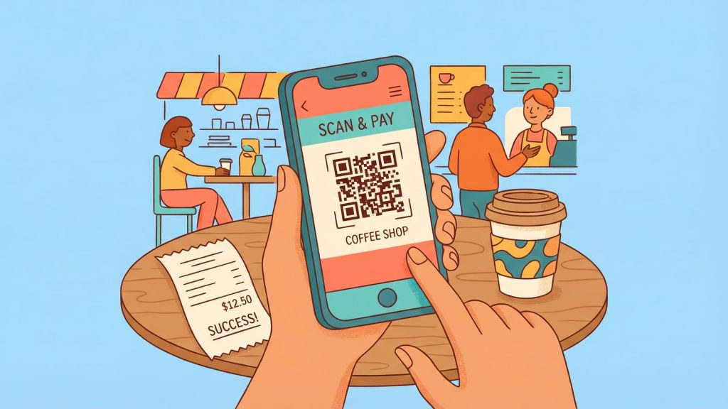 Customer scanning QR code on table tent to view digital menu"