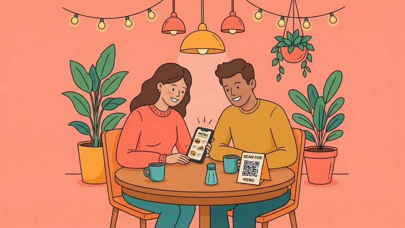 Couple scanning QR code menu at restaurant table with smartphone