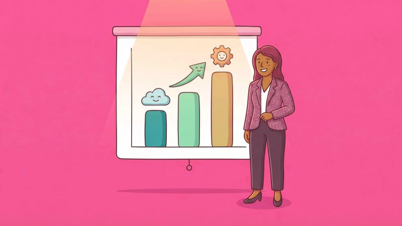 Lady at chart giving presentation on qr code statistics