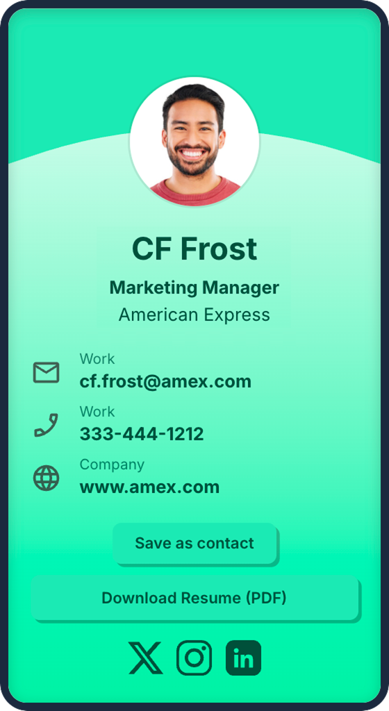 QR Chameleon landing page with business card contacts, resume download option (pdf). Social links.