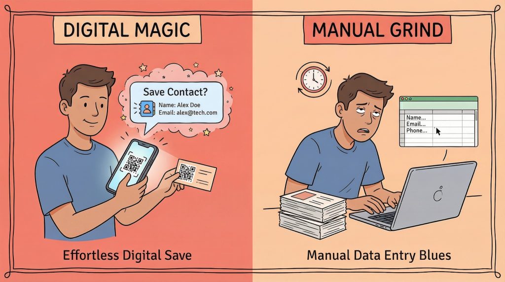 Side-by-side comparison illustration: Left shows 'Digital Magic' — a person smiling while scanning a vCard QR code on a business card with their phone, triggering a 'Save Contact?' prompt with name and email. Right shows 'Manual Grind' — the same person looking exasperated while manually typing contact info from a stack of paper business cards into a laptop, with a clock showing time passing.