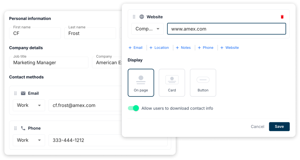 QR Chameleon business card (vCard) setup screen for making a business card qr code free.