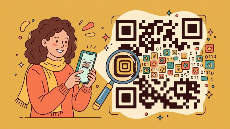 Illustration of a person scanning a QR code with a smartphone while a magnifying glass reveals the data modules and binary patterns inside the code