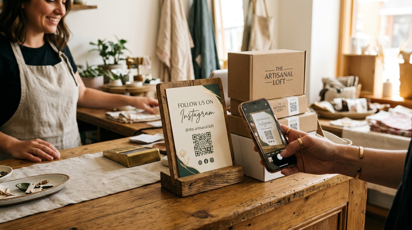 Customer scanning a Follow us on Instagram QR code sign at a boutique retail counter with branded product boxes nearby