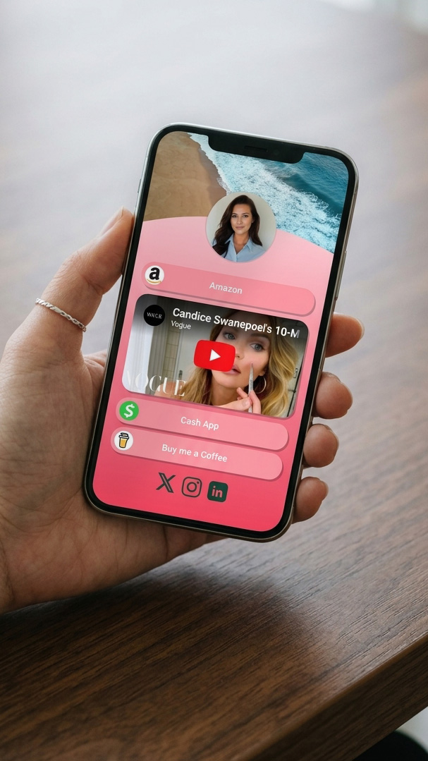 Hand holding a smartphone displaying a link-in-bio page with a beach banner header, profile picture, pink background, and multiple link buttons for Amazon, a YouTube video, Cash App, and Buy me a Coffee