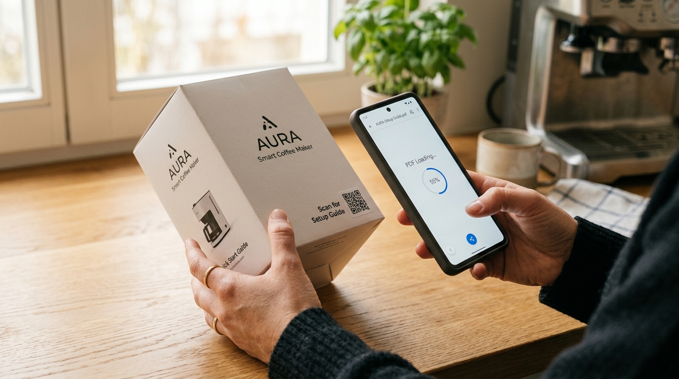 Person scanning a Scan for Setup Guide QR code on product packaging with their phone showing a PDF loading