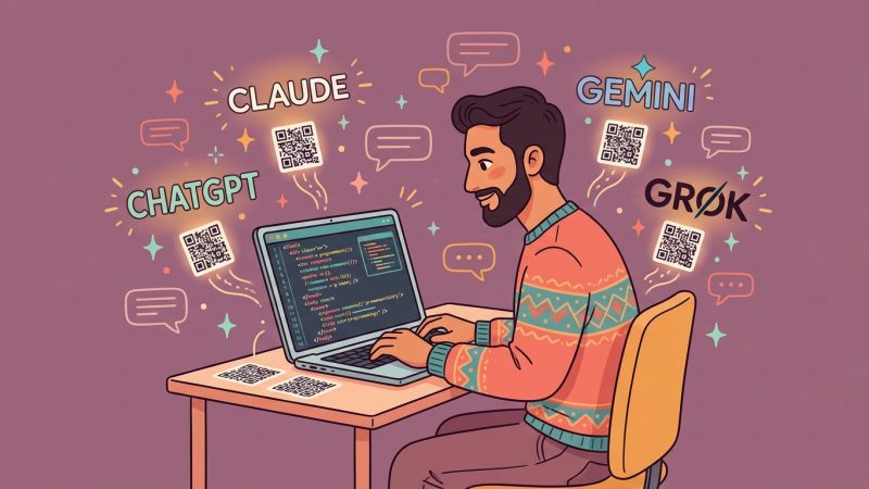 Middle Eastern developer at a laptop with code on screen, surrounded by floating Claude, ChatGPT, Gemini, and Grok AI agent logos and QR codes — illustrating QR code generation from AI agents via the QR Chameleon API