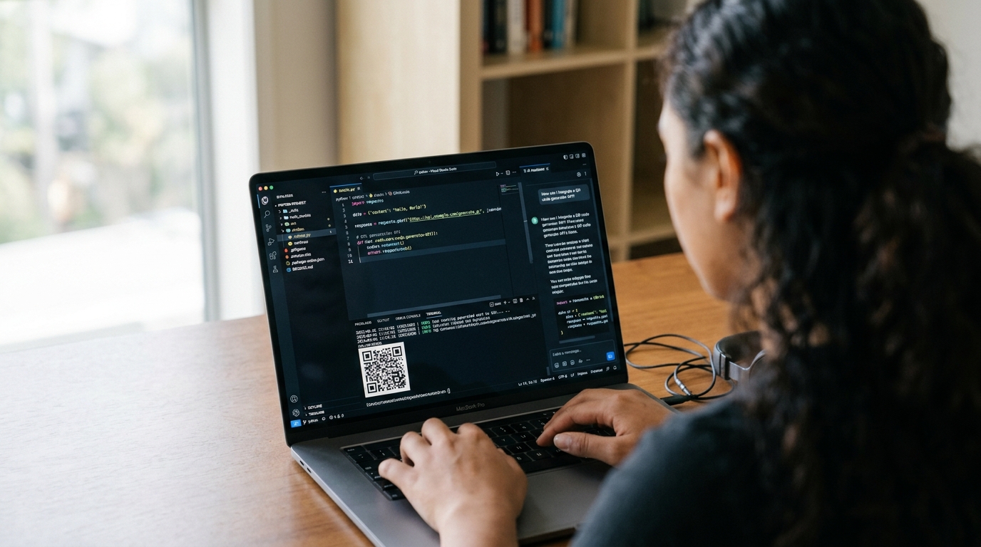 Over-the-shoulder photograph of a Pacific Islander developer coding in Visual Studio Code on a laptop, with an AI assistant chat panel open on the right and a generated QR code visible in the terminal — building a QR code generation workflow with the QR Chameleon API
