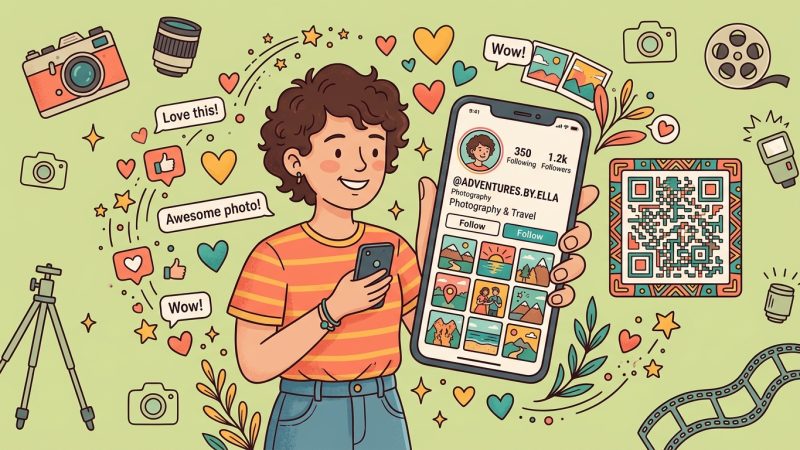 Illustration of a person holding a phone showing an Instagram profile with a QR code, surrounded by social media icons, hearts, and photography elements