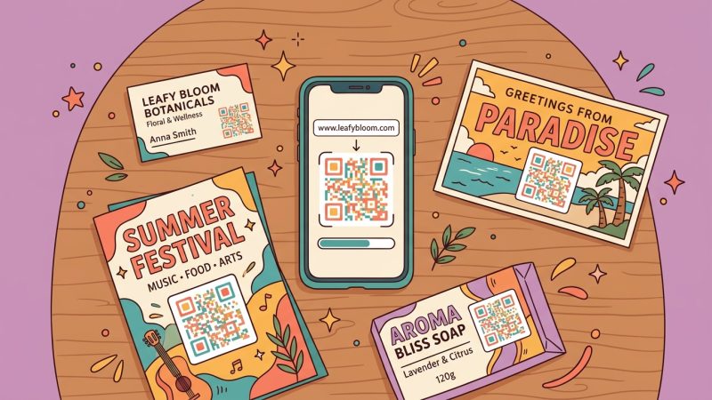 Bird's eye view of printed materials on a wooden table including a business card, event flyer, postcard, and product packaging, each with a QR code, and a smartphone in the center showing a URL being converted into a QR code