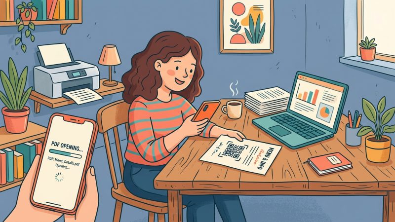 Illustration of a person at a desk scanning a QR code on a printed document with their phone while a PDF file opens on the screen, with a laptop and printer nearby