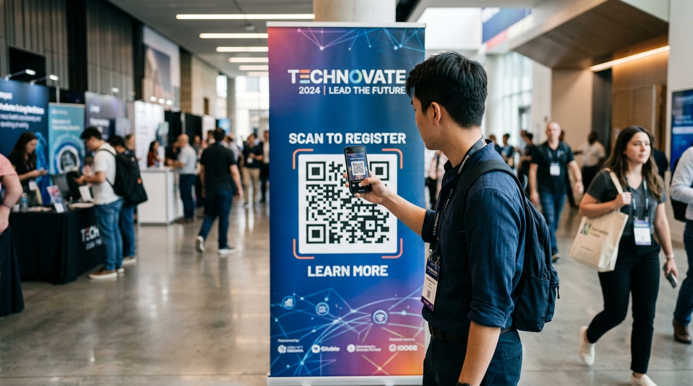 Conference attendee scanning a Scan to Register QR code on a promotional banner at a tech event with other attendees in the background