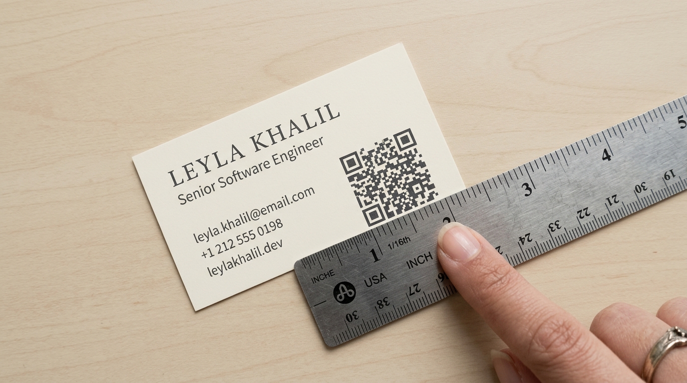 Business card with a QR code next to a ruler showing the QR code measures exactly 1 inch wide, the recommended minimum size for business card QR codes