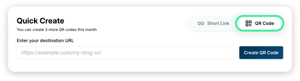 QR Chameleon Quick Create section where you can paste in your destination URL to create a qr code or shortened link