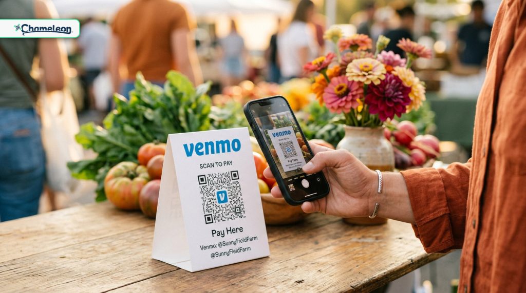 Customer scanning a Venmo QR code table tent at a farmers market booth with fresh produce and flowers in the background    
