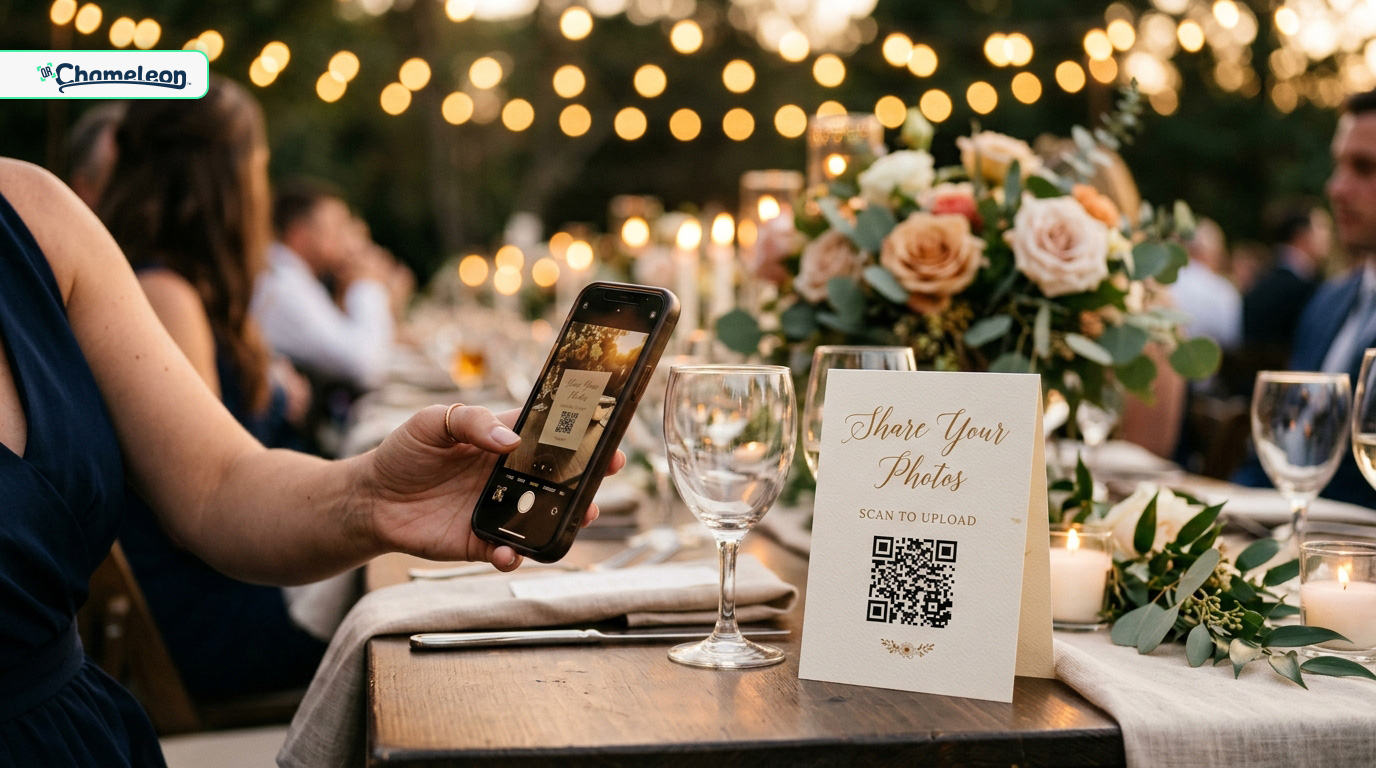 Guest scanning a Share Your Photos QR code table card at an elegant outdoor wedding reception with string lights and floral centerpiece