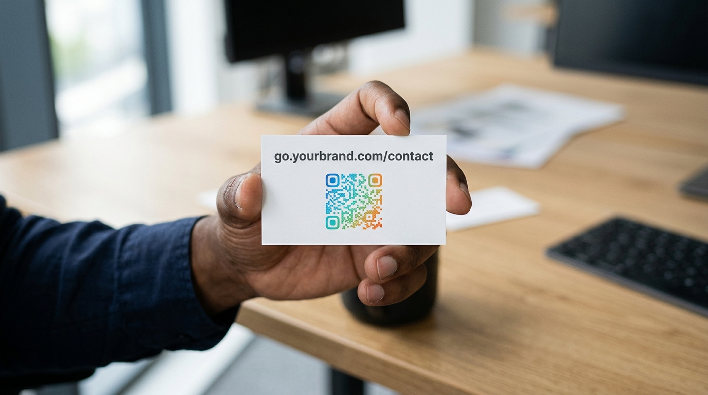 Hand holding a printed business card with a branded short link go.yourbrand.com/contact and a custom colorful QR code — using QR Chameleon as a Bitly alternative for branded short links
