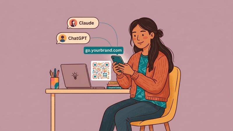 Illustration of a person holding a smartphone showing a branded short link go.yourbrand.com and QR code, with Claude and ChatGPT chat icons floating beside her — depicting QR Chameleon as a Bitly alternative with AI integration