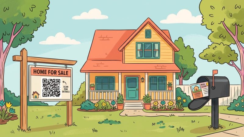 Flat illustration of a HOME FOR SALE real estate yard sign with QR code, cozy house, and mailbox with a real estate postcard