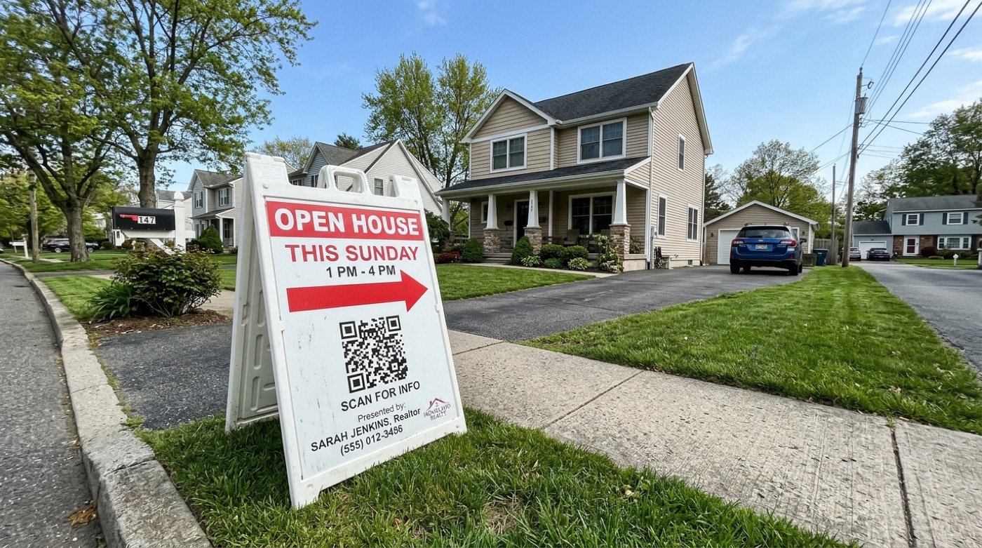 A-frame OPEN HOUSE real estate sign with a clearly visible QR code planted at the edge of a suburban driveway