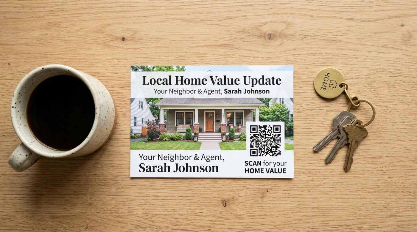 Real estate farming postcard with a QR code that says SCAN for your HOME VALUE, on a kitchen counter next to a coffee mug and house keys